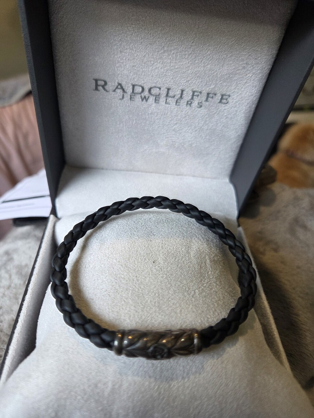 David Yurman Black Braided Leather Bracelet with Dark Metal Clasp NEVER WORN